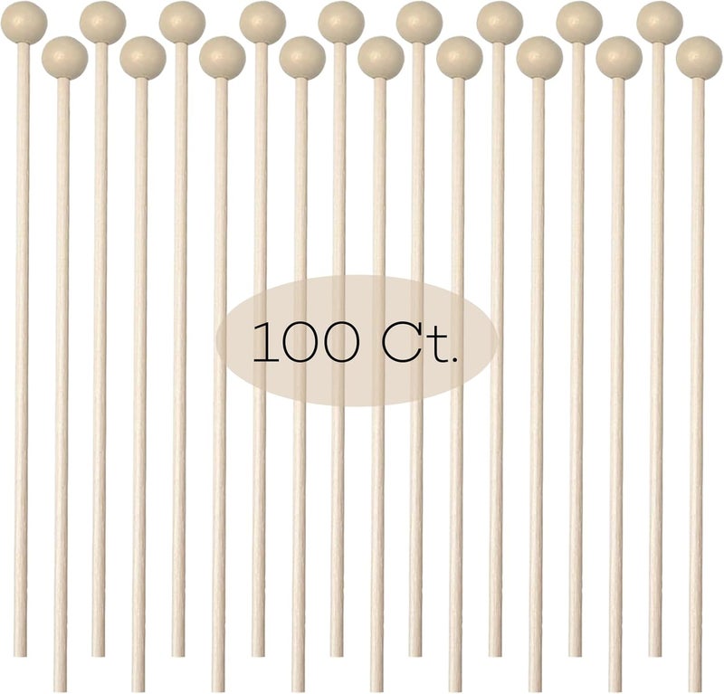 OSSIJAY 100 Pieces 6Inch Rock Candy Sticks with Ball Wooden Sticks Wood Cake Sticks Drink Stirrer Sticks for Lollipop Coffee Appetizer Skewers (Round) - Image 1